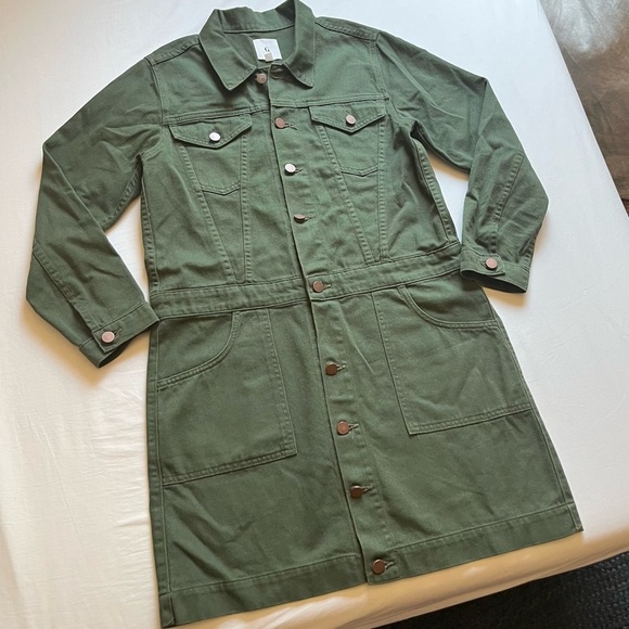 G. by GOOP army green olive denim button up utility long sleeve shirt dress - Picture 1 of 6